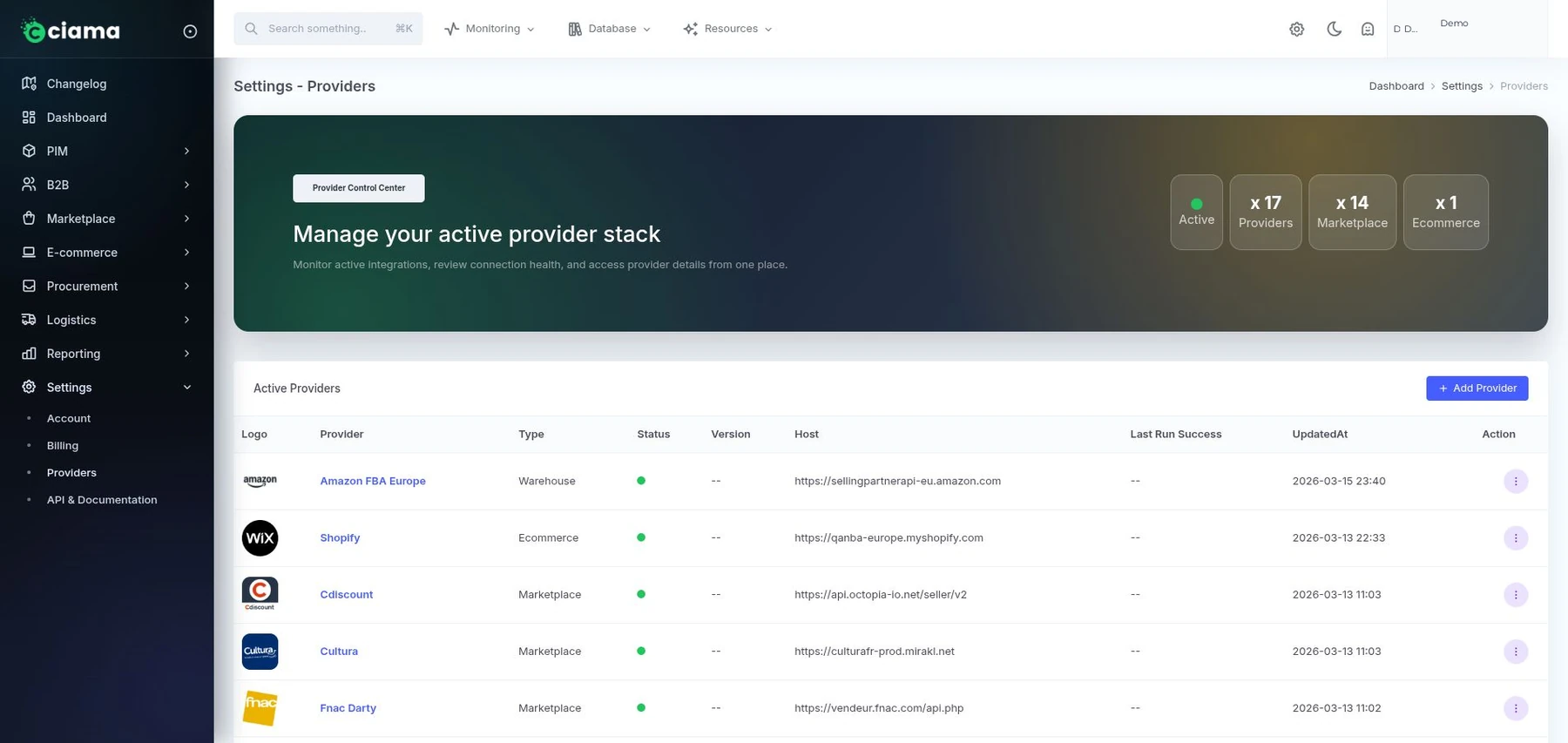 Vue anonymisée Ciama API REST connecteurs ERP CRM marketplaces