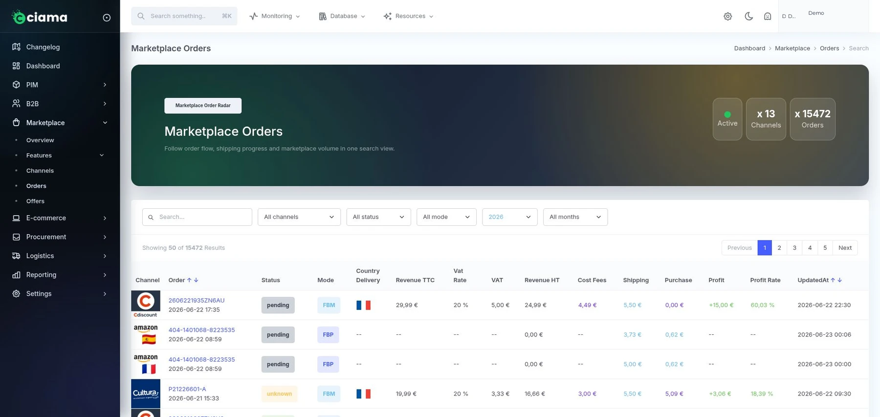 Vue anonymisée Ciama OMS fulfillment et commandes multicanal