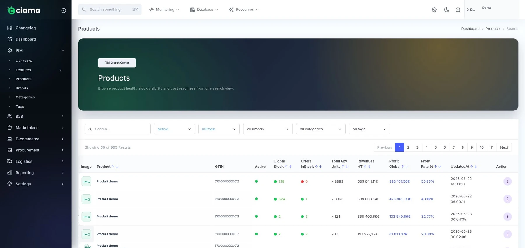 Vue anonymisée Ciama PIM synchronisation catalogue connecteurs