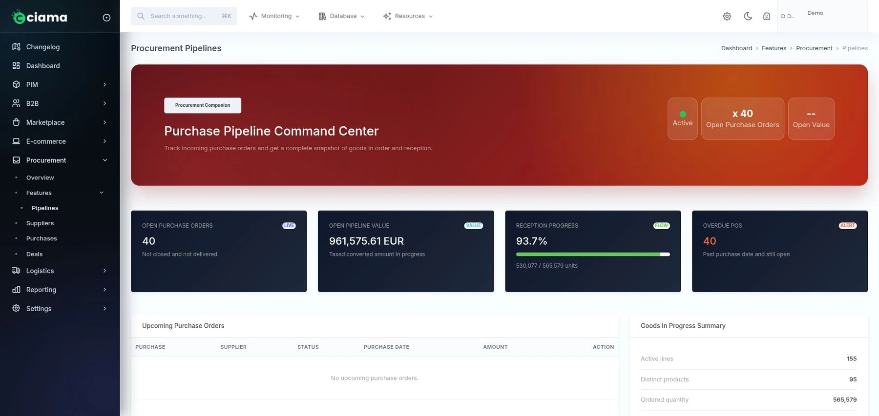 Vue anonymisée Ciama procurement achats fournisseurs réassort