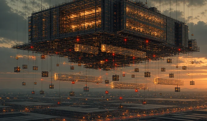 Architecture futuriste flottante pour le Stock Dispatcher marketplace